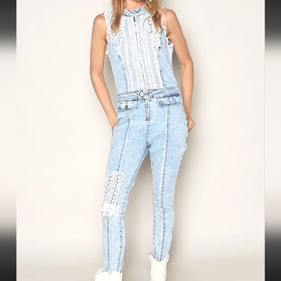 POL Light Blue Denim And Knit Jumpsuit. Various Sizes. NWOT - Picture 1 of 7